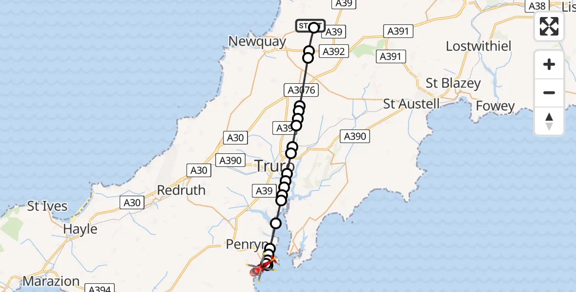 Flight path map showing Air Ambulance Helicopter route from Cornwall Airport Newquay to Falmouth