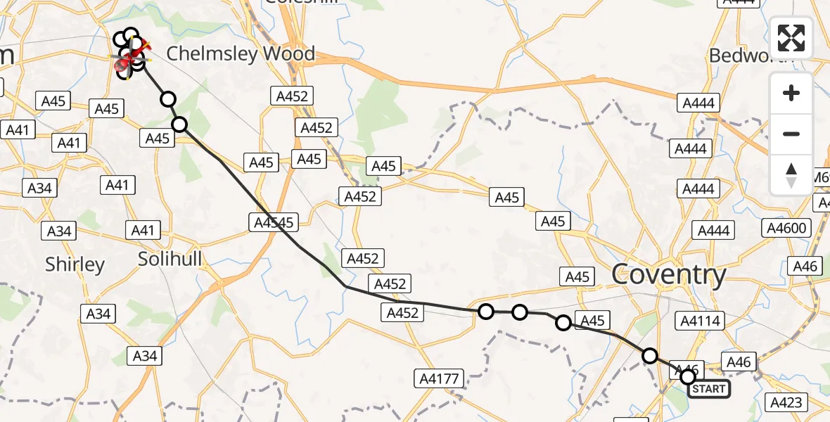 Flight path map showing Air Ambulance Helicopter route from Coventry Airport to Garretts Green