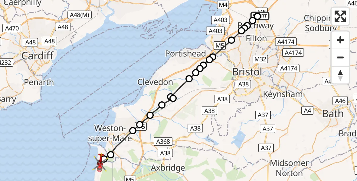 Flight path map showing Air Ambulance Helicopter route from Almondsbury Helicopter Base to Brean