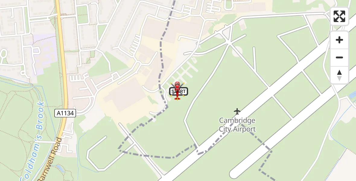 Flight path map showing Air Ambulance Helicopter route from Cambridge City Airport to Cambridge City Airport