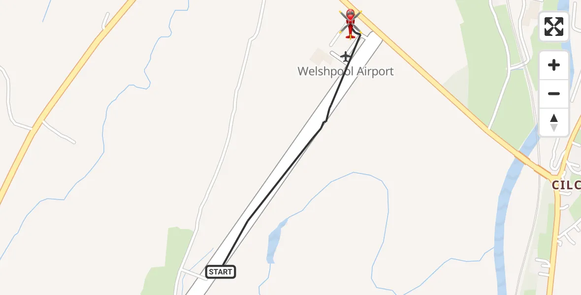 Flight path map showing Air Ambulance Helicopter route from Welshpool Airport to Welshpool Airport