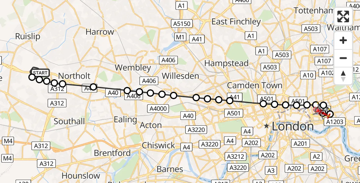 Flight path map showing Air Ambulance Helicopter route from RAF Northolt to Royal London Hospital