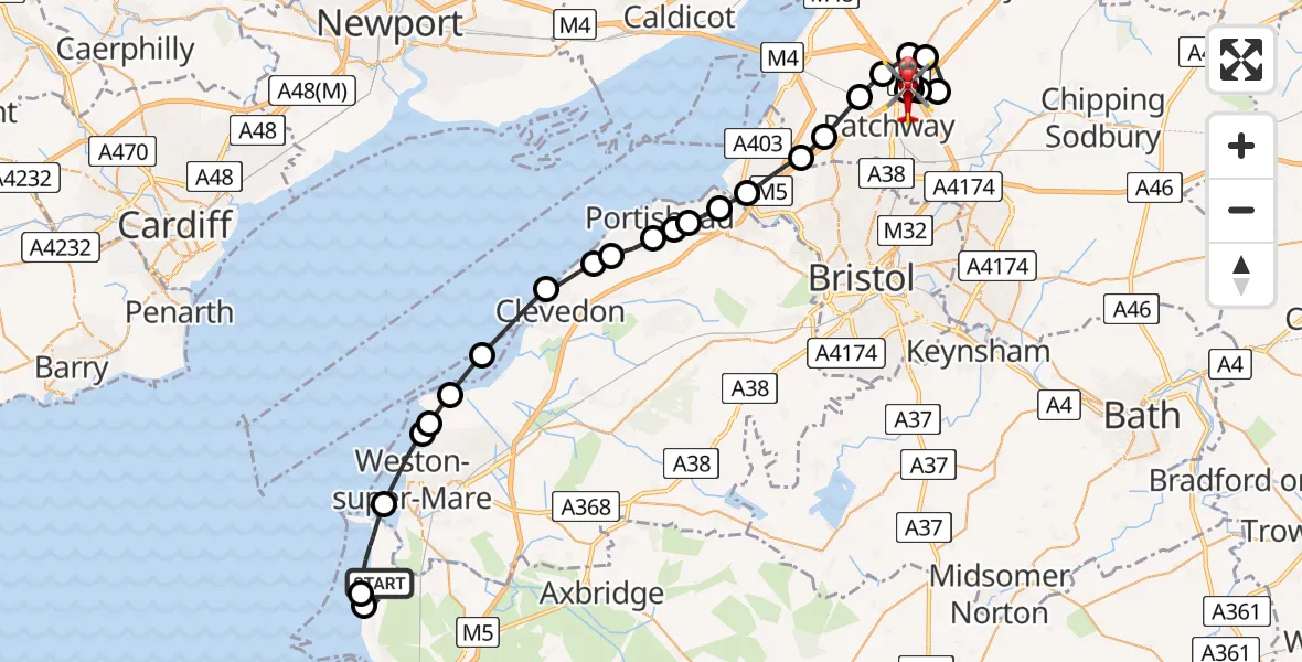 Flight path map showing Air Ambulance Helicopter route from Brean to Almondsbury Helicopter Base