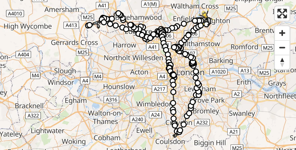 Flight path map showing Police Helicopter route from Chingford to Metropolitan Police Air Support Unit Lippitts Hill