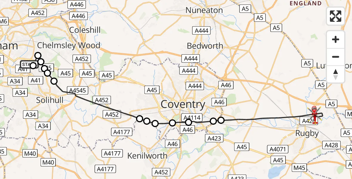 Flight path map showing Air Ambulance Helicopter route from Hay Mills to Rugby