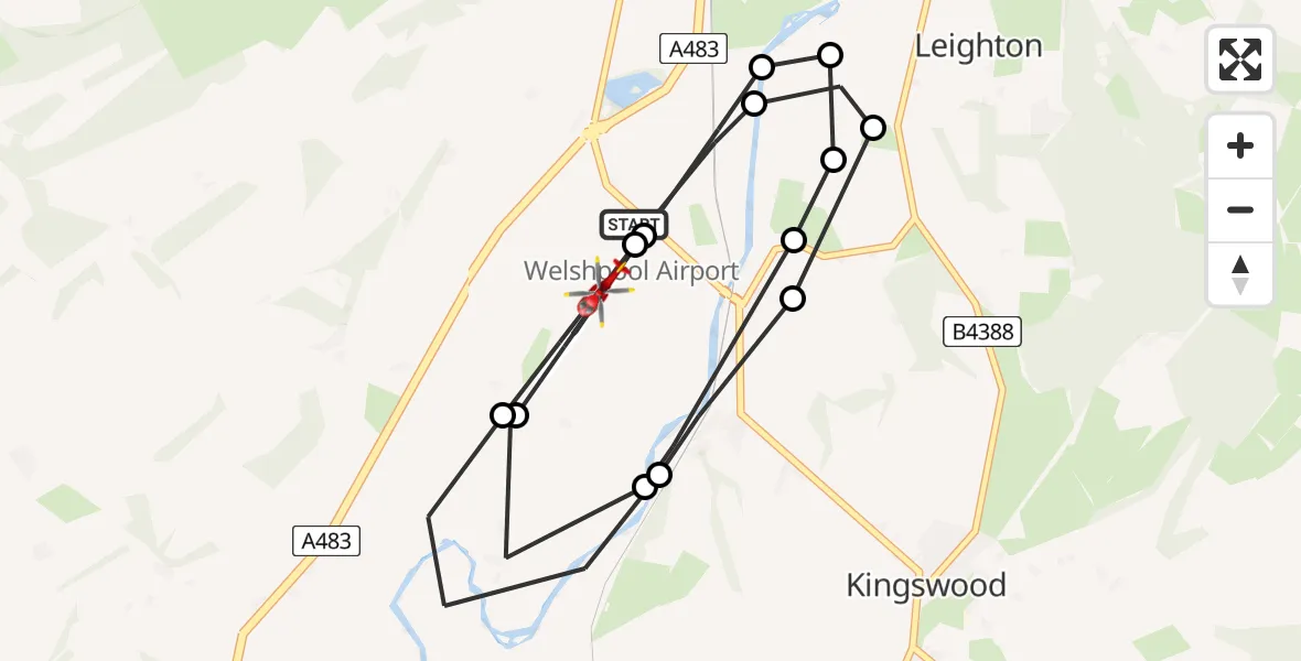 Flight path map showing Air Ambulance Helicopter route from Welshpool Airport to Welshpool Airport