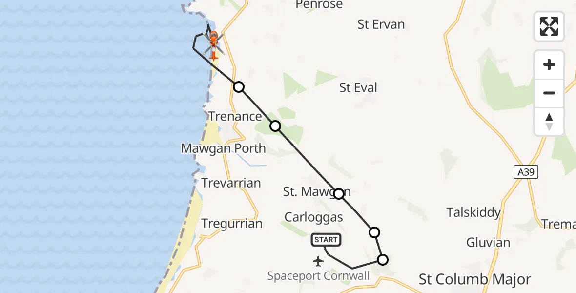 Flight path map showing Coastguard Helicopter route from Cornwall Airport Newquay to St. Eval