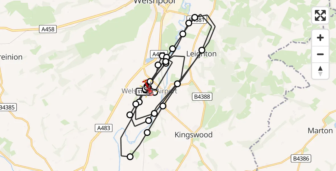 Flight path map showing Air Ambulance Helicopter route from Welshpool Airport to Welshpool Airport