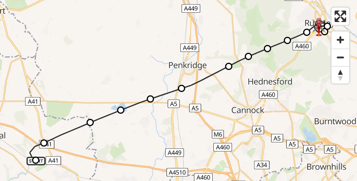 Flight path map showing Air Ambulance Helicopter route from RAF Cosford to Rugeley