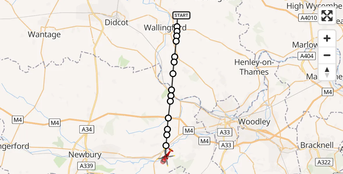 Flight path map showing Air Ambulance Helicopter route from RAF Benson to Aldermaston Wharf