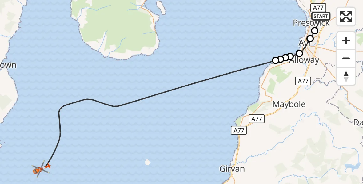 Flight path map showing Coastguard Helicopter route from Glasgow Prestwick Airport to Inner Seas