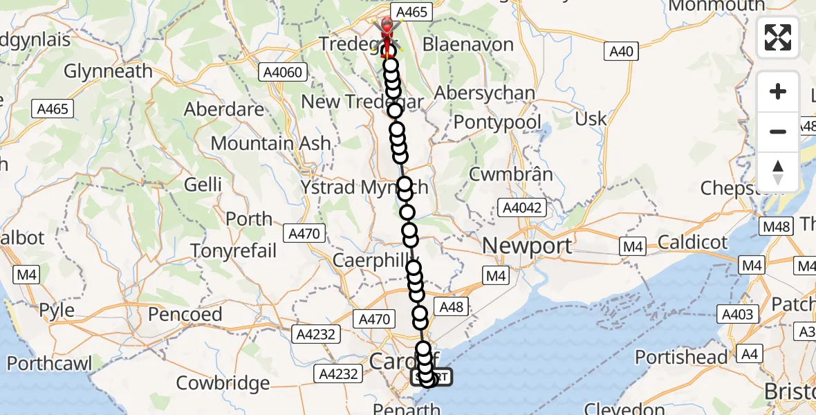 Flight path map showing Air Ambulance Helicopter route from Cardiff Heliport to Ebbw Vale