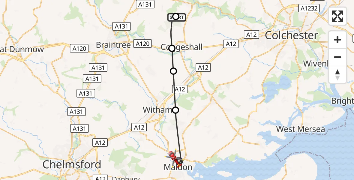 Flight path map showing Air Ambulance Helicopter route from Earls Colne Airfield to Maldon