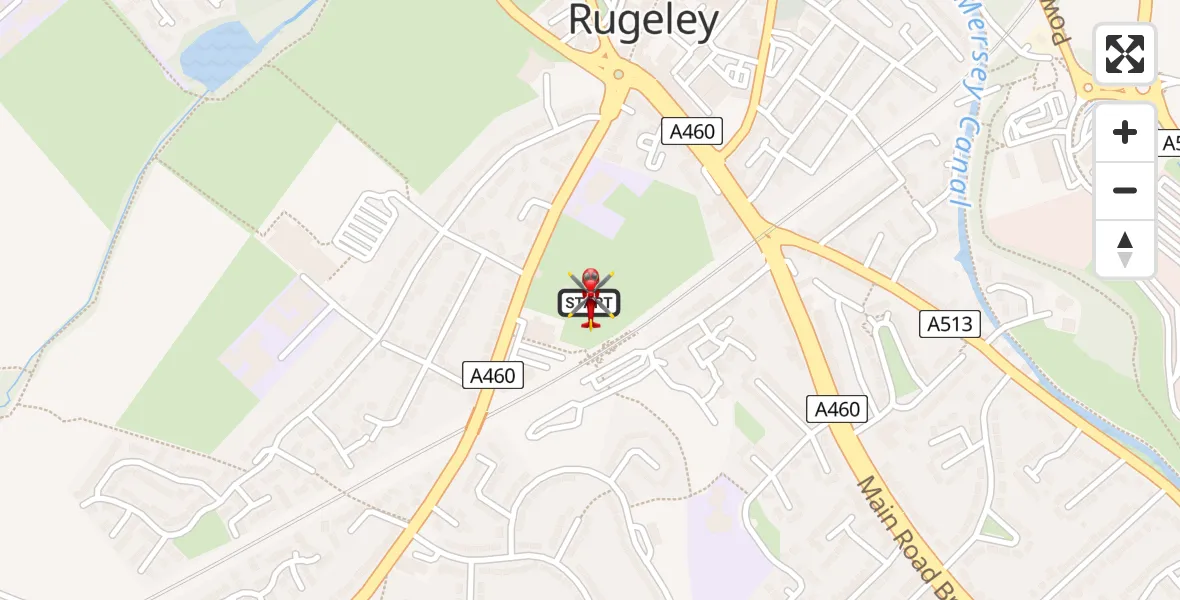 Flight path map showing Air Ambulance Helicopter route from Rugeley to Rugeley