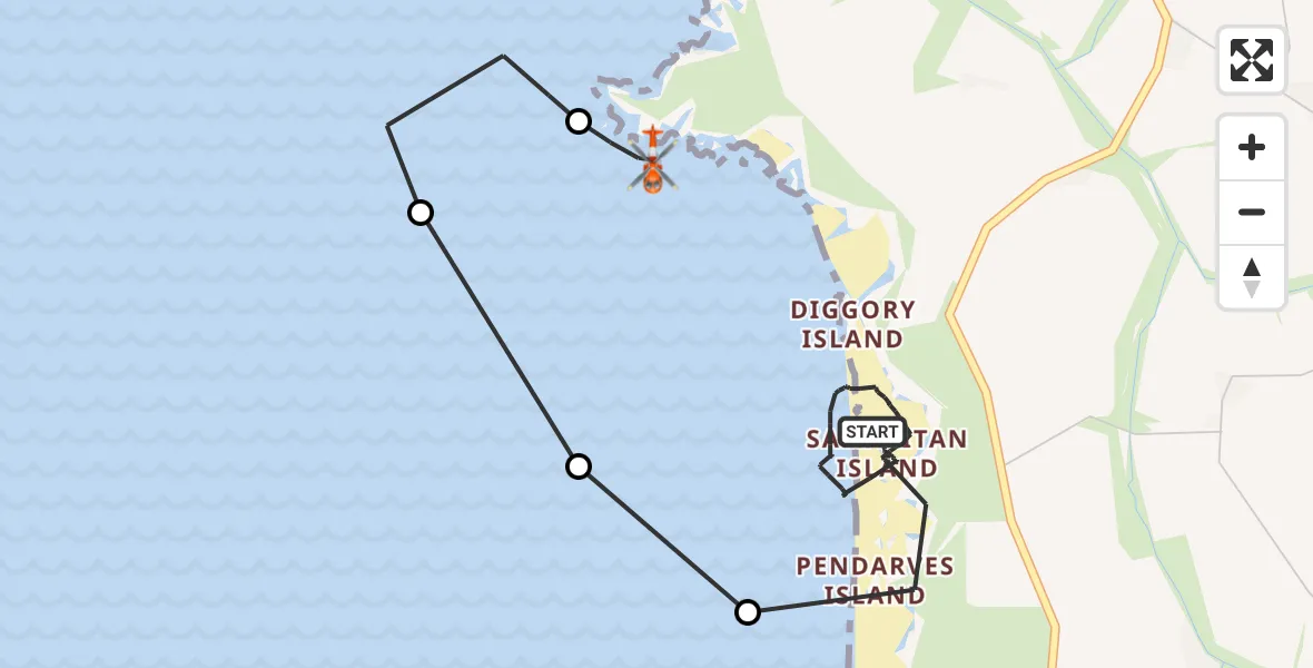 Flight path map showing Coastguard Helicopter route from St. Eval to St. Eval