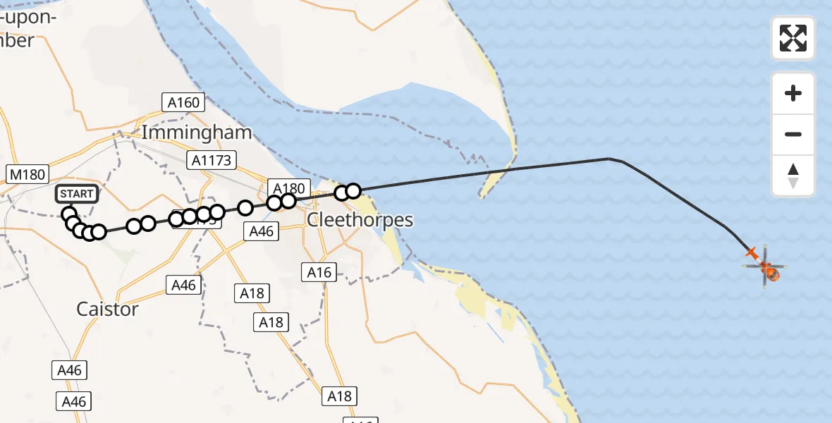 Flight path map showing Coastguard Helicopter route from Humberside Airport to North Sea