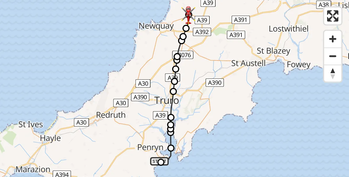 Flight path map showing Air Ambulance Helicopter route from Falmouth to Cornwall Airport Newquay