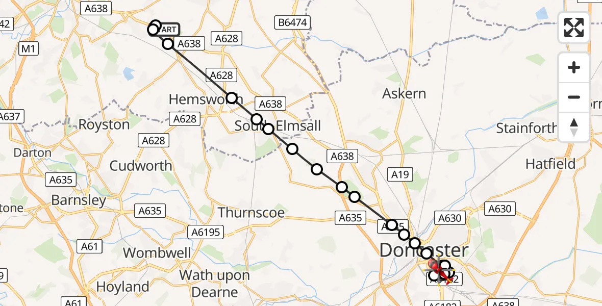 Flight path map showing Air Ambulance Helicopter route from YAA Nostell Helicopter Port to Lakeside