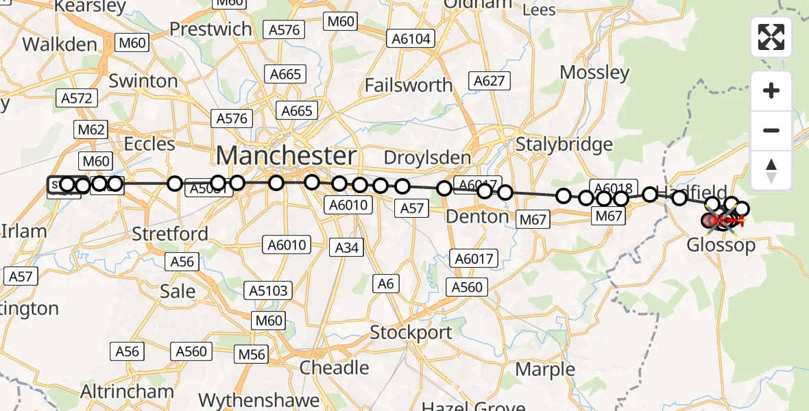 Routekaart van de vlucht: Air Ambulance Helicopter to Padfield, Bowden Road