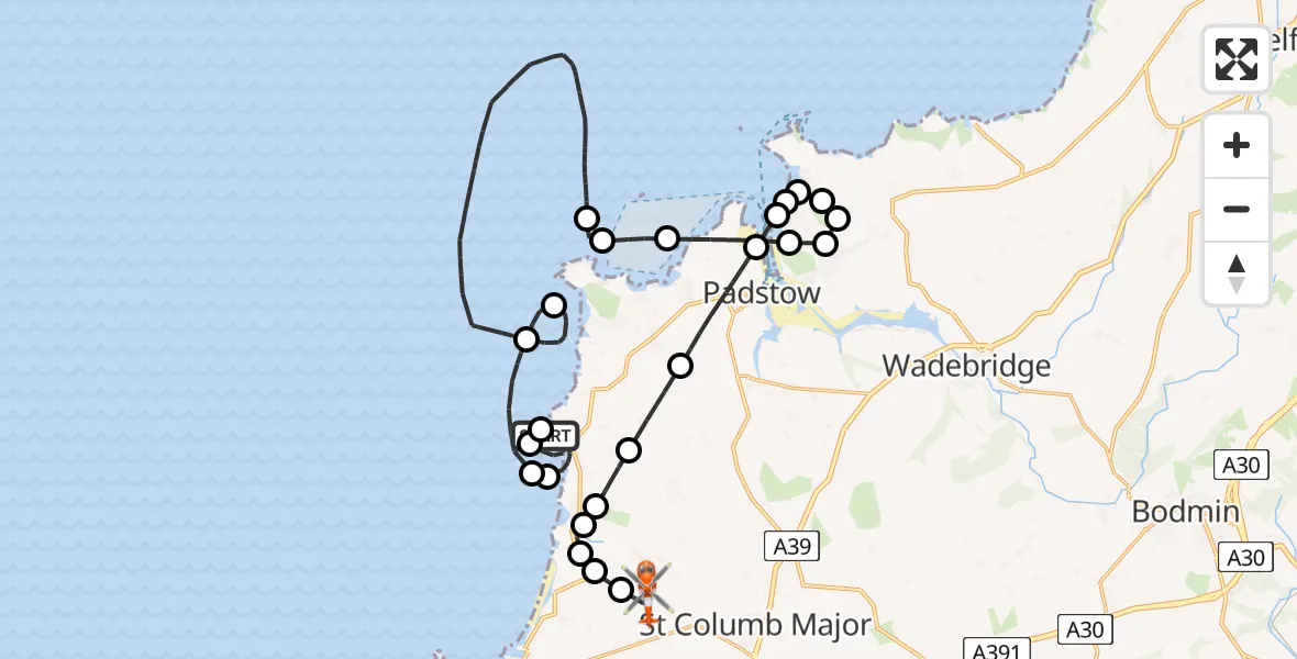 Flight path map showing Coastguard Helicopter route from St. Eval to Cornwall Airport Newquay