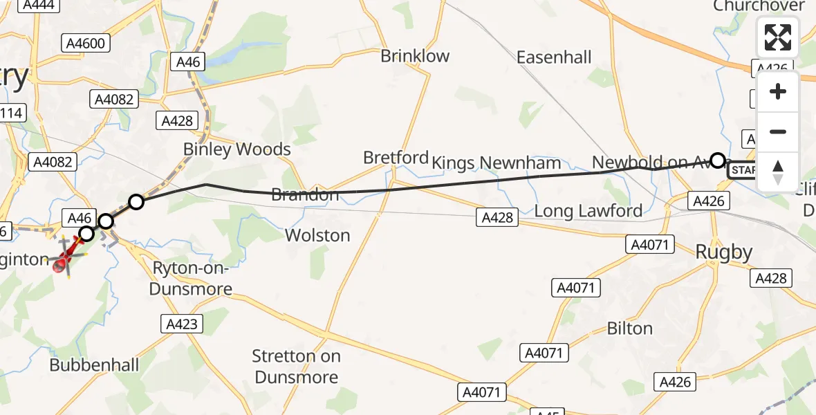 Flight path map showing Air Ambulance Helicopter route from Rugby to Coventry Airport