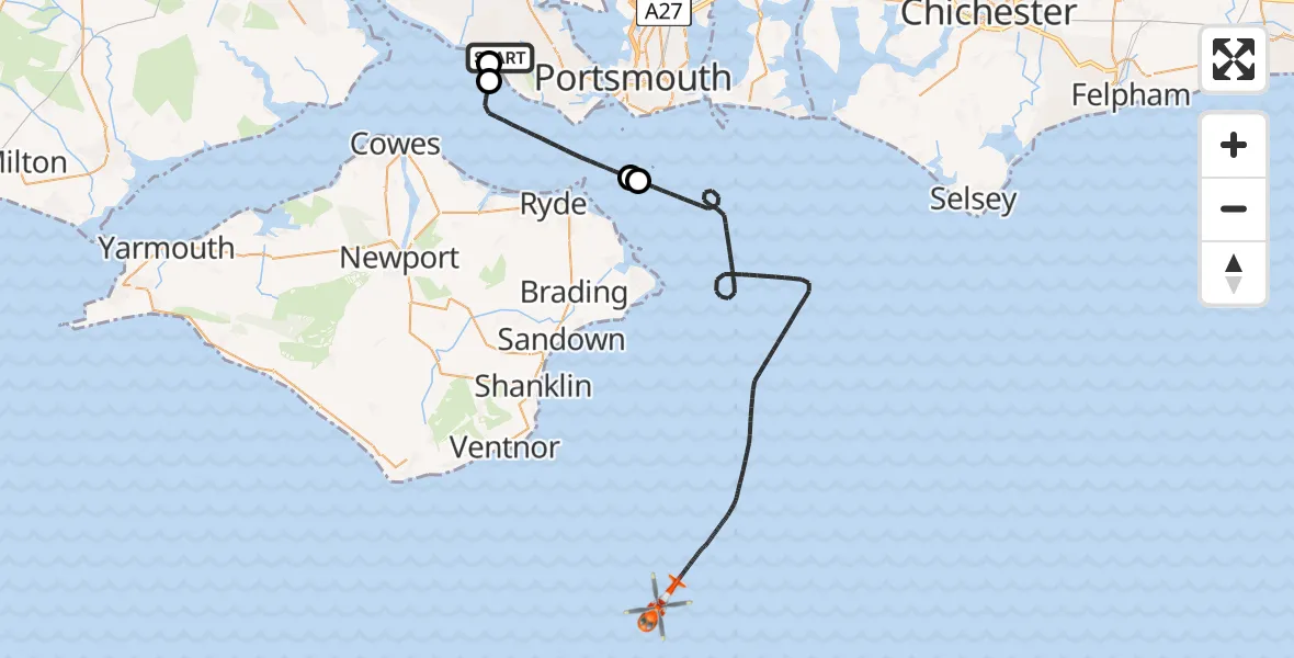 Flight path map showing Coastguard Helicopter route from Solent Airport to English Channel
