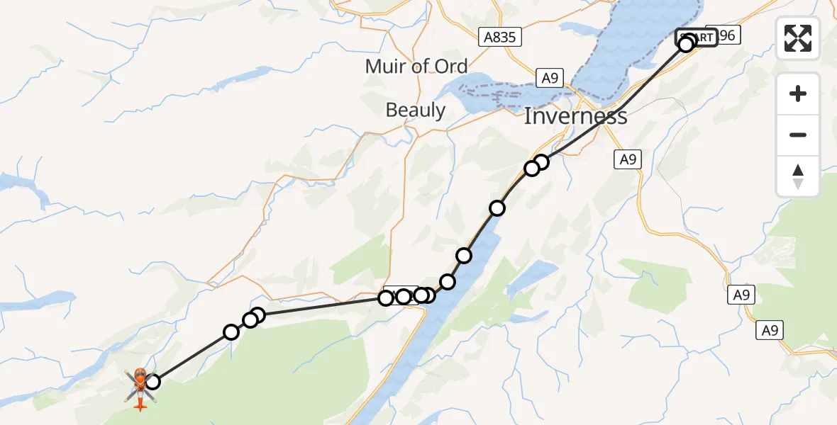 Flight path map showing Coastguard Helicopter route from Inverness Airport to Highland
