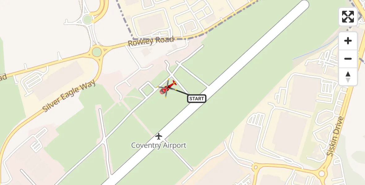 Flight path map showing Air Ambulance Helicopter route from Coventry Airport to Coventry Airport