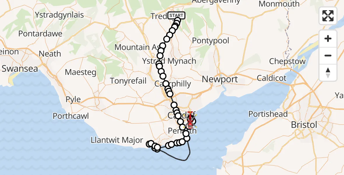 Flight path map showing Air Ambulance Helicopter route from Ebbw Vale to Cardiff Heliport