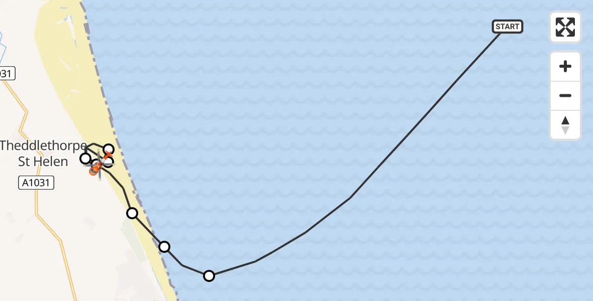 Flight path map showing Coastguard Helicopter route from North Sea to East Lindsey
