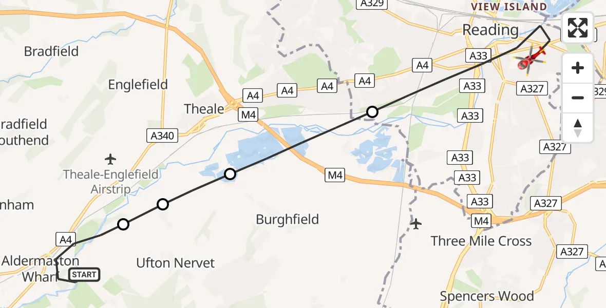 Flight path map showing Air Ambulance Helicopter route from Aldermaston Wharf to Royal Berkshire Hospital
