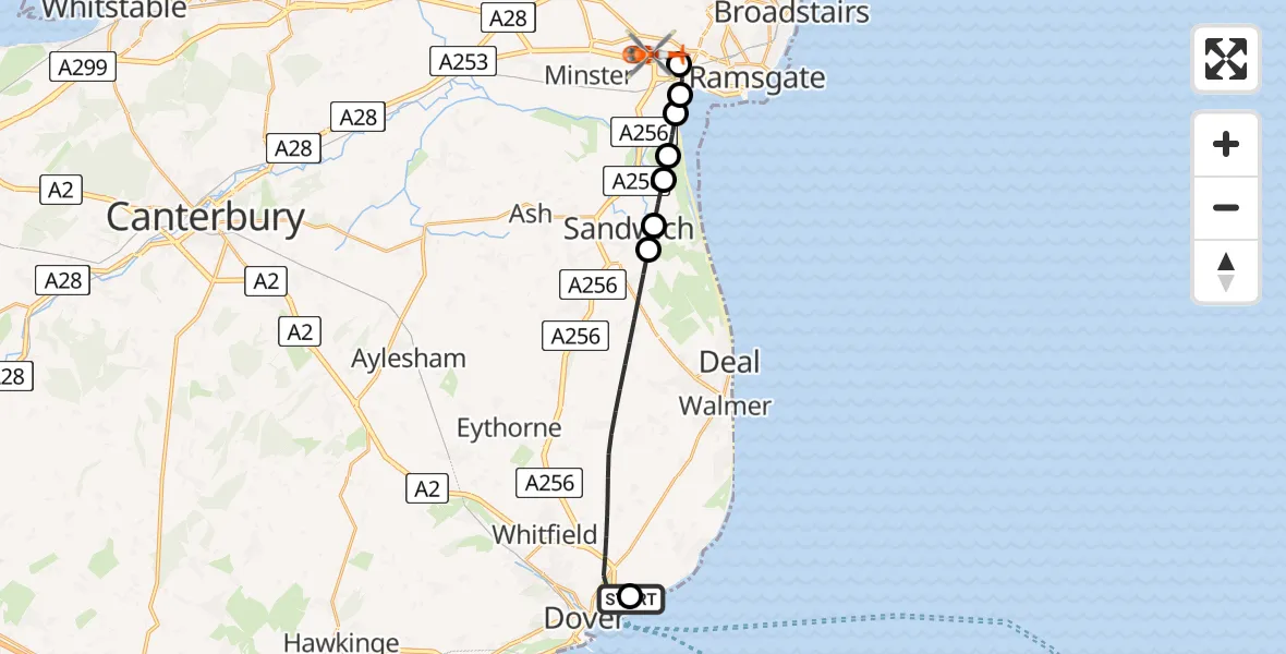 Flight path map showing Coastguard Helicopter route from Langdon Battery Heliport to Manston Airport
