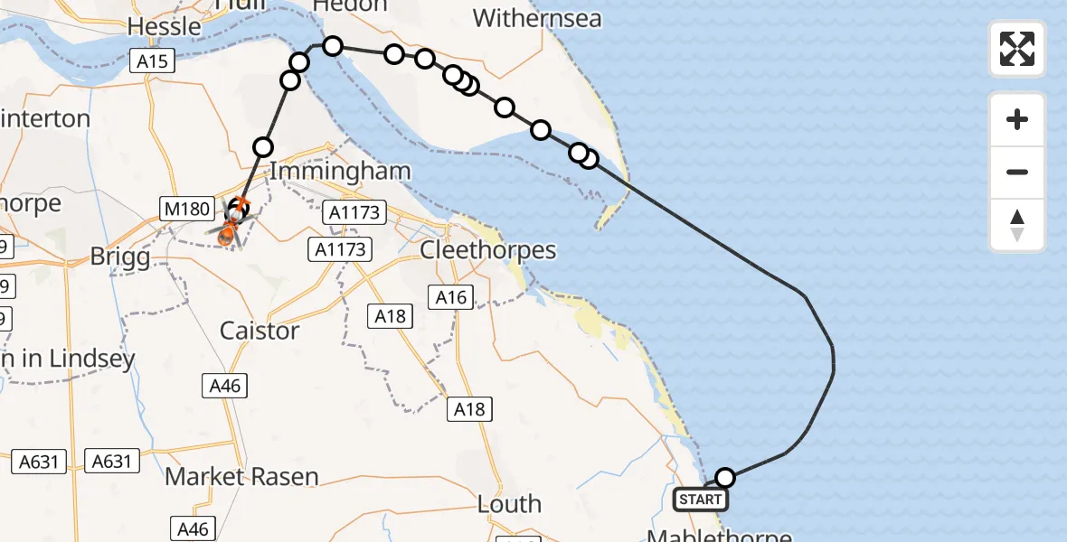 Flight path map showing Coastguard Helicopter route from Theddlethorpe St Helen to Humberside Airport