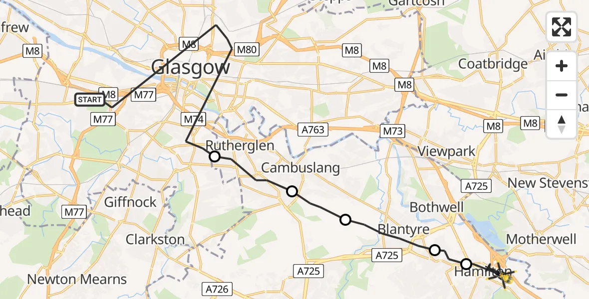 Flight path map showing Police Helicopter route from Glasgow to Hamilton