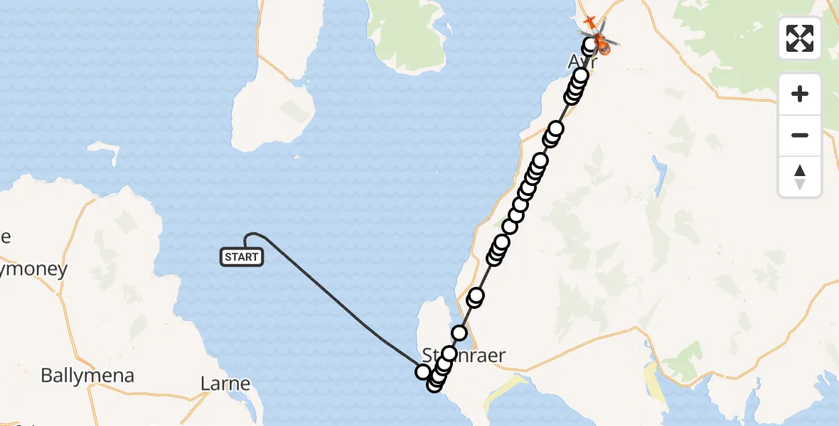 Flight path map showing Coastguard Helicopter route from Irish Sea to Glasgow Prestwick Airport