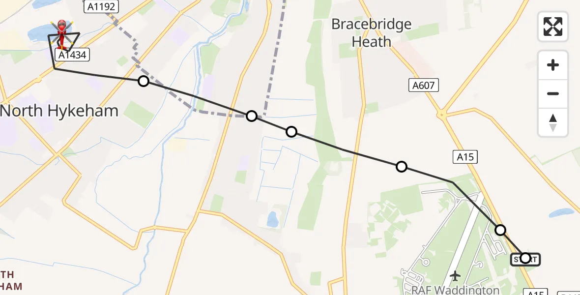 Flight path map showing Air Ambulance Helicopter route from RAF Waddington to North Hykeham