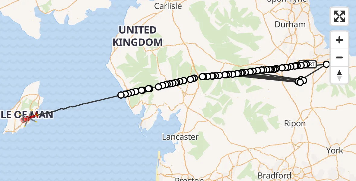 Flight path map showing Air Ambulance Helicopter route from Egglescliffe to Irish Sea
