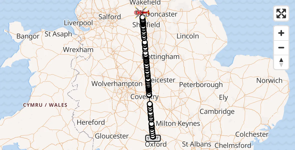Flight path map showing Air Ambulance Helicopter route from London Oxford Airport to Barnsley