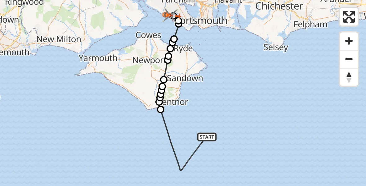 Flight path map showing Coastguard Helicopter route from English Channel to Solent Airport