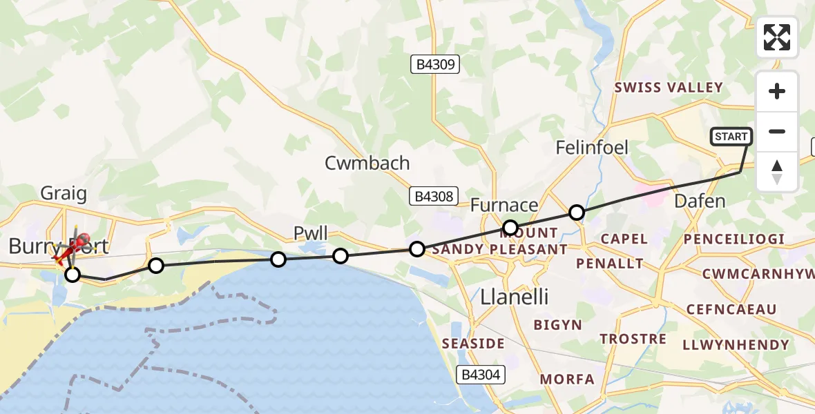 Flight path map showing Air Ambulance Helicopter route from Dafen to Burry Port