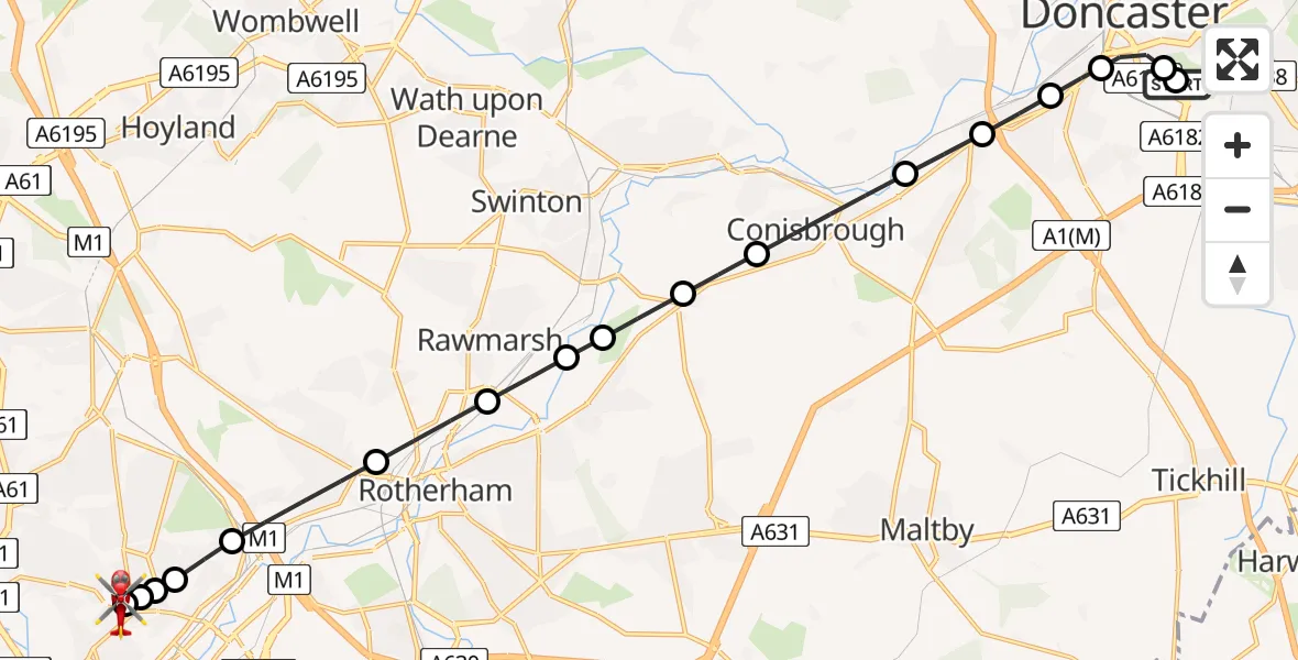 Flight path map showing Air Ambulance Helicopter route from Lakeside to Sheffield Northern Hospital