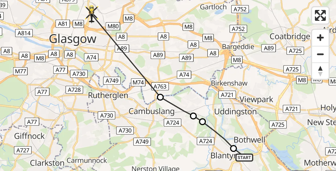 Flight path map showing Police Helicopter route from Bothwell to Glasgow