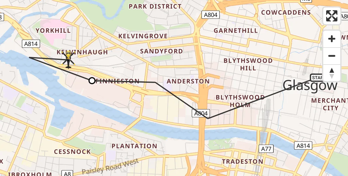 Flight path map showing Police Helicopter route from Glasgow to Glasgow City Heliport