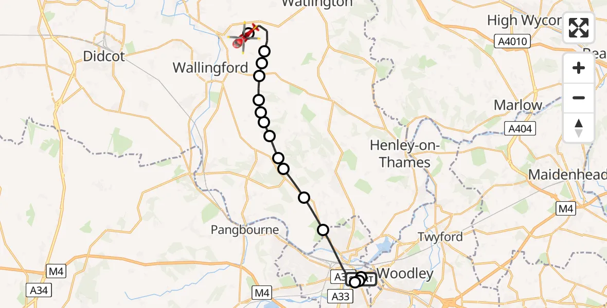 Flight path map showing Air Ambulance Helicopter route from Royal Berkshire Hospital to RAF Benson