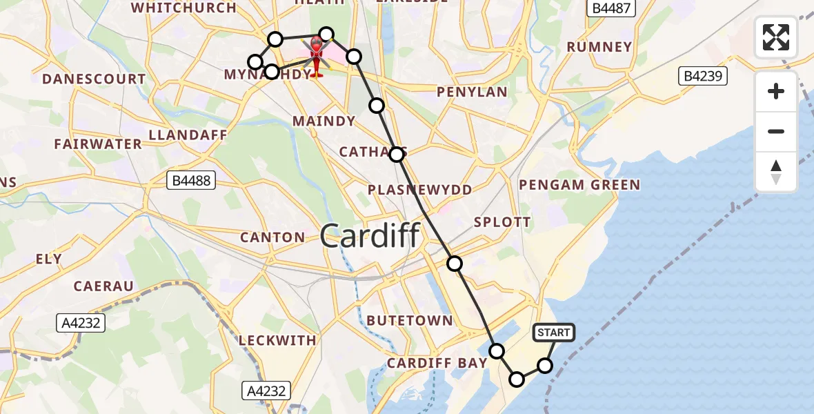 Flight path map showing Air Ambulance Helicopter route from Cardiff Heliport to Mynachdy