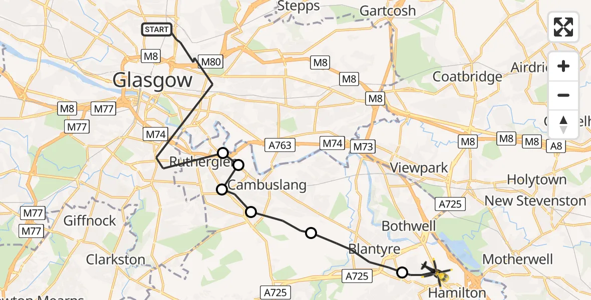 Flight path map showing Police Helicopter route from Glasgow to Hamilton