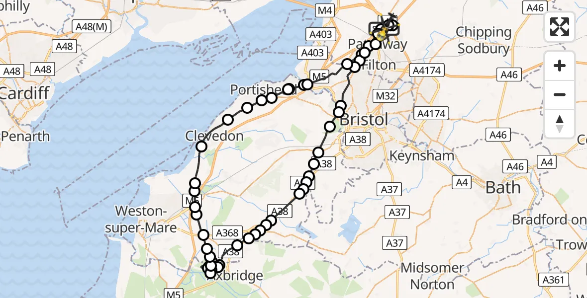 Flight path map showing Police Helicopter route from Almondsbury Helicopter Base to Almondsbury Helicopter Base