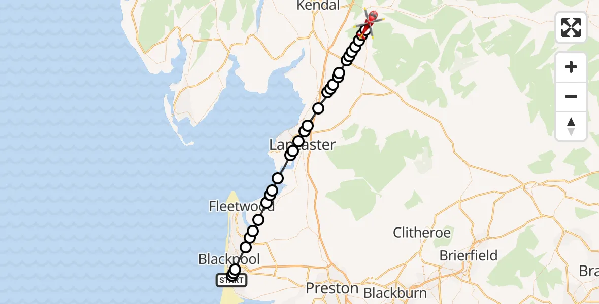 Flight path map showing Air Ambulance Helicopter route from Blackpool Airport to Killington