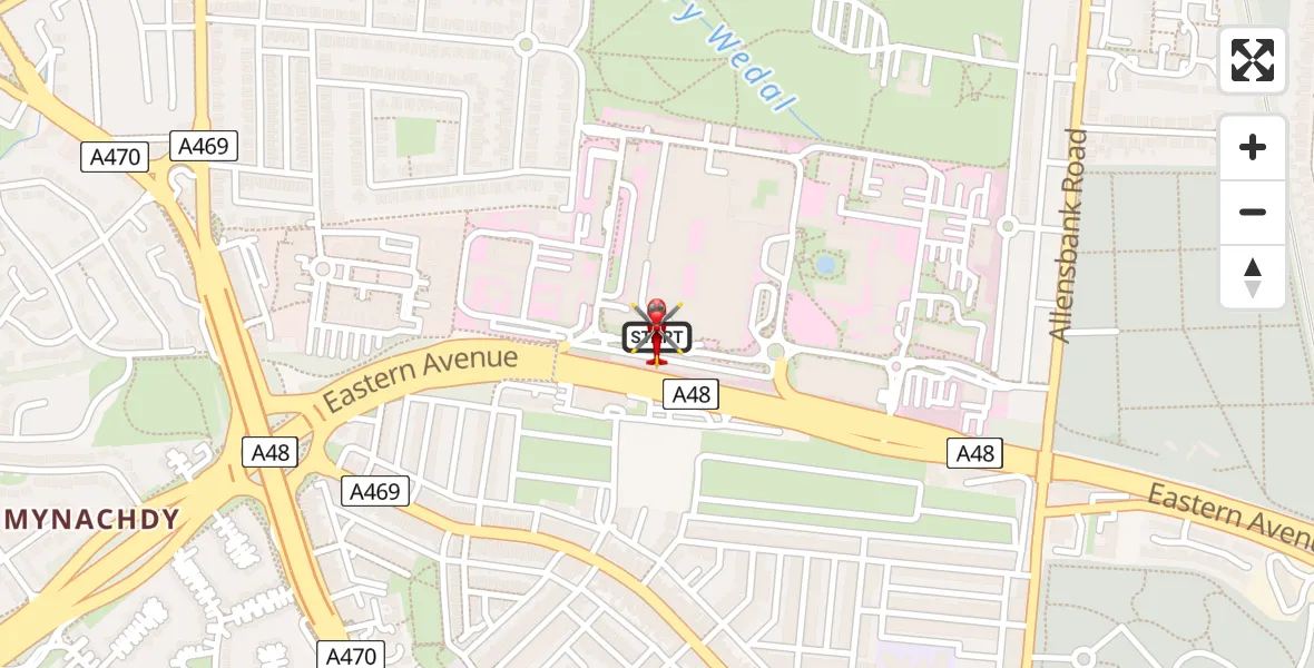 Flight path map showing Air Ambulance Helicopter route from Birchgrove to Mynachdy