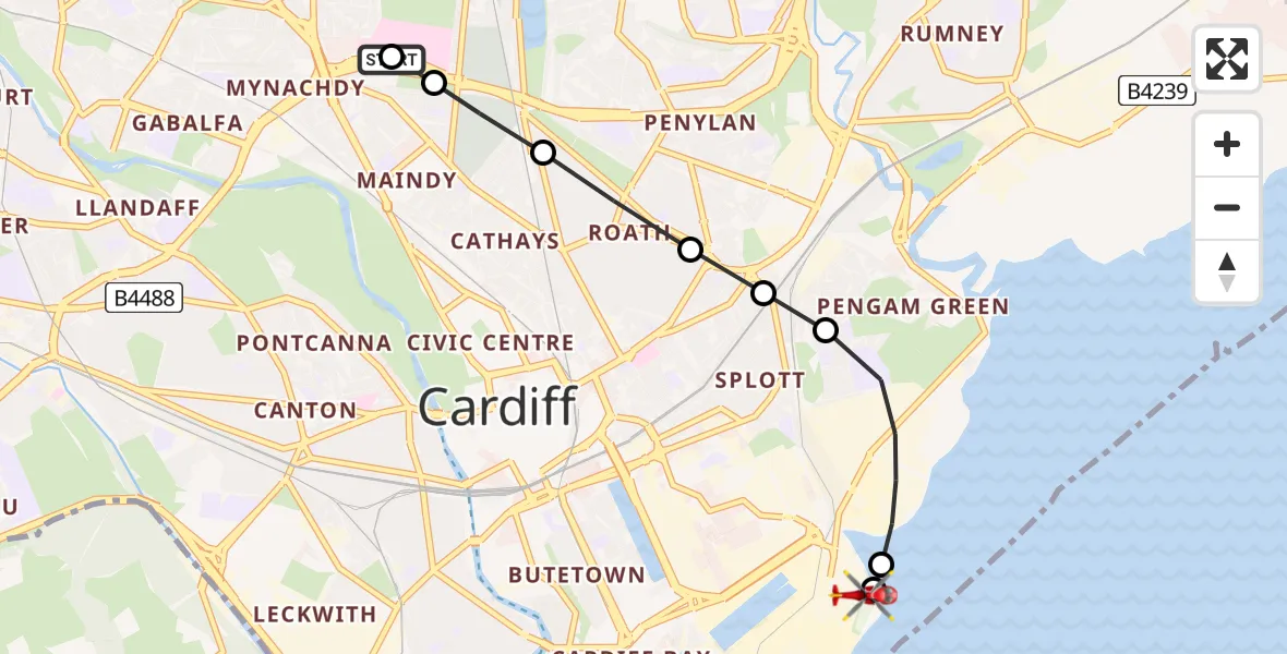 Flight path map showing Air Ambulance Helicopter route from Birchgrove to Cardiff Heliport